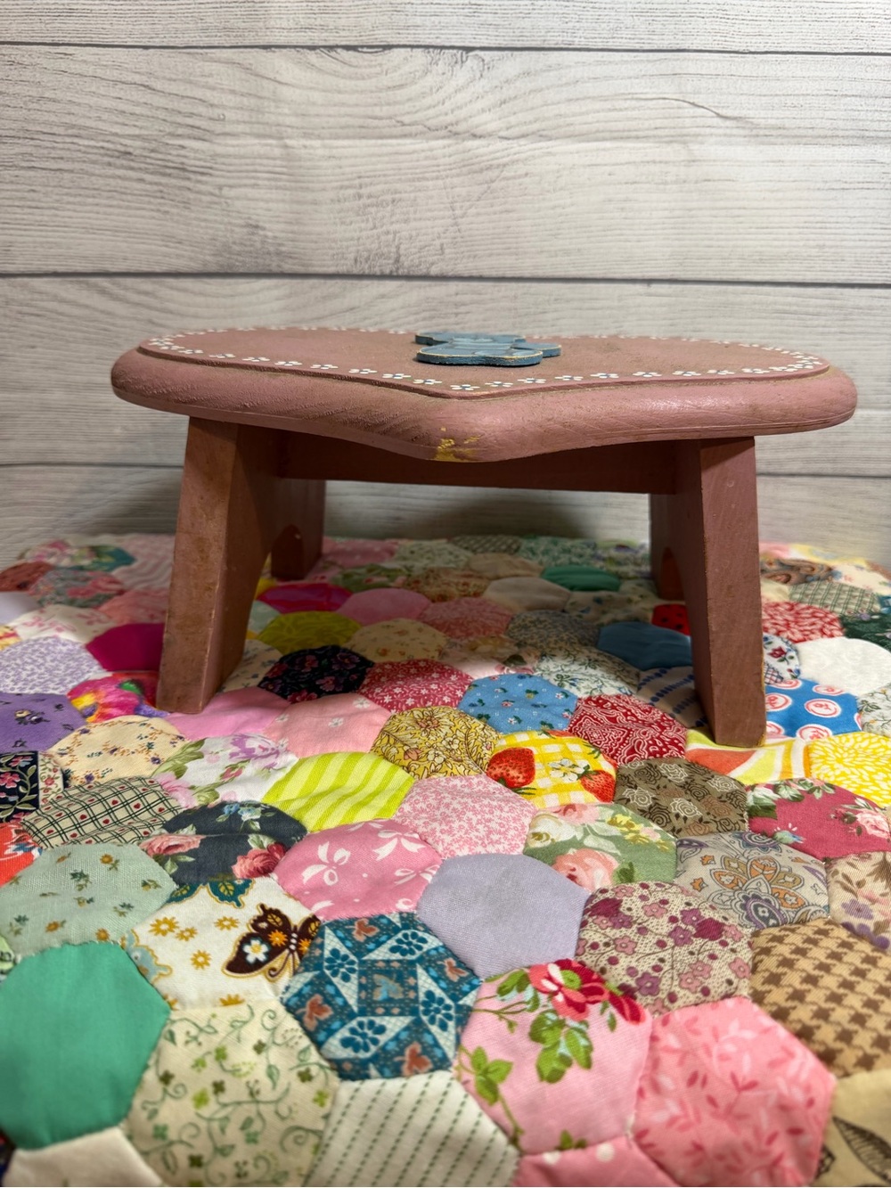 Hand-Painted Heart Shaped Wooden Footstool with Bears and Flowers